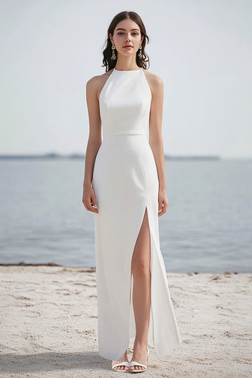 Ivory Round Neck Sheath Engagement Dress with Slit